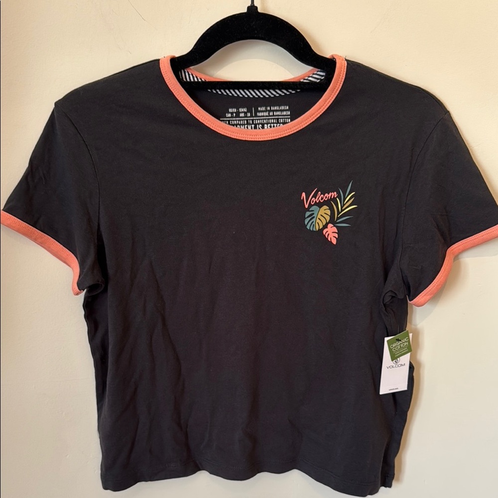 Volcom Women's Black T-Shirt with Pink Trim